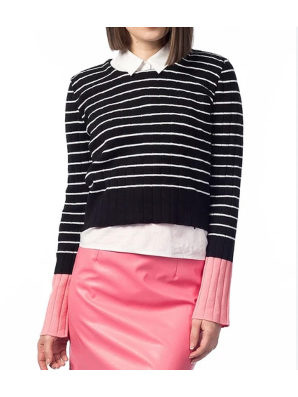Zara Women's Black White Striped Sweater Contrast Pink Cuffs Size Medium